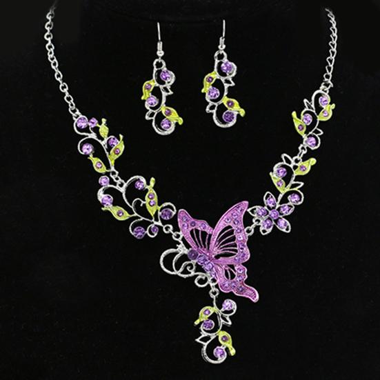 Lady Bridal Vinatge Butterfly Flower Bib Statement Necklace Earrings Jewelry Set