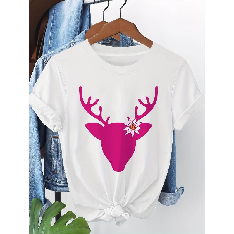 

Women S Casual Short-Sleeve Round-Neck T-Shirt with a Pink Deer Head Pattern, Perfect for Everyday Wear, Outings, And As a Holiday Gift S белый