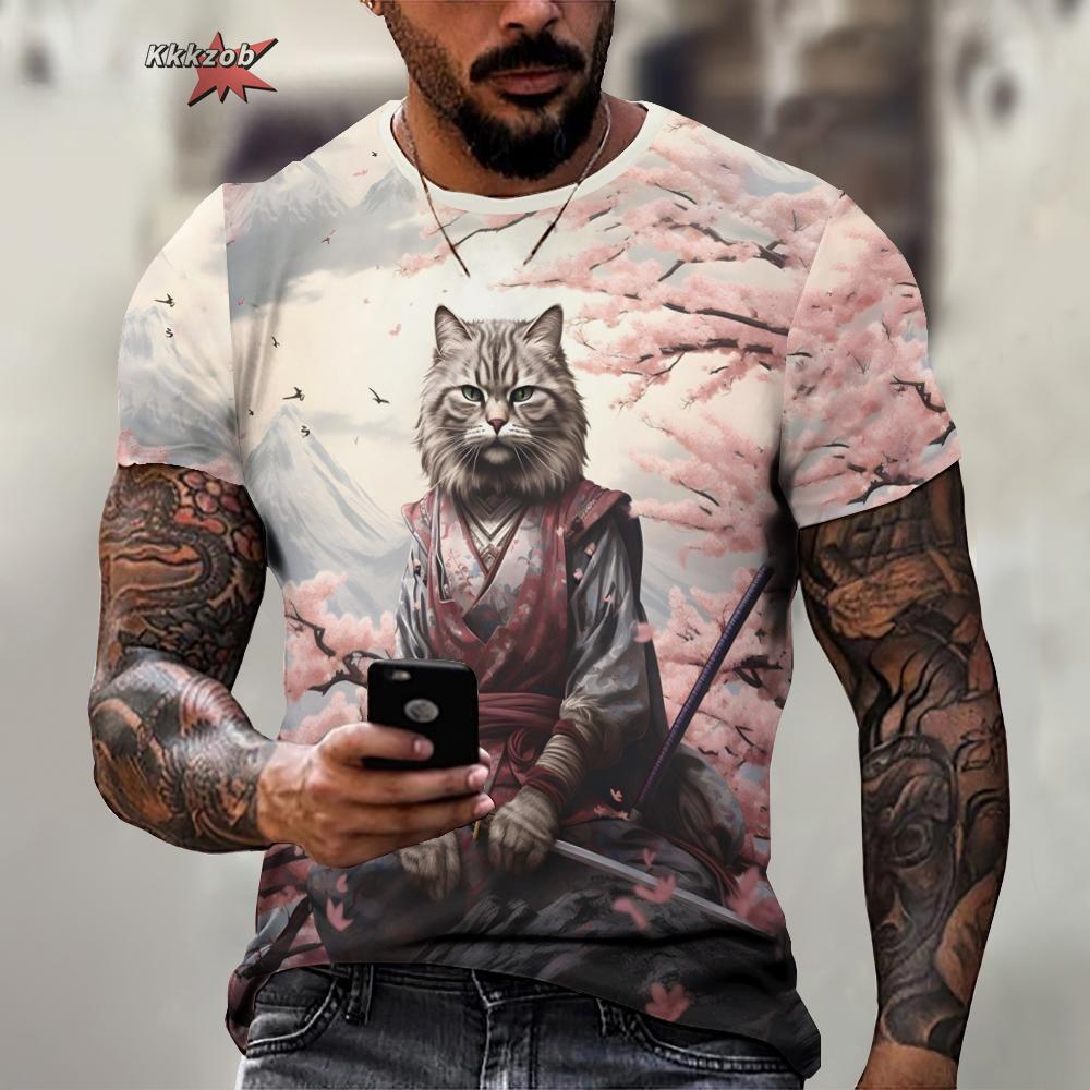 Animal Warrior Cat Print Short Sleeve Pattern Men's T-shirt 3D T-shirt Harajuku Tops Fun O Neck Pullover Summer Men's Casual Clo