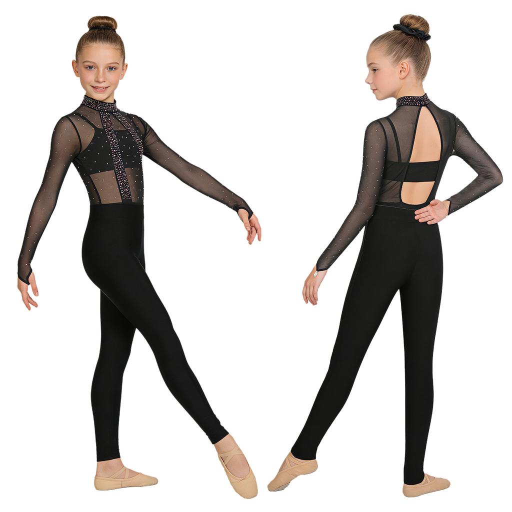 Kids Girls Performance Leotard with Sparkly Rhinestones & Mesh Bodice: Mock Neck Long Sleeve Cutout Back, Plus Matching Camisole, Leggings & Hairband