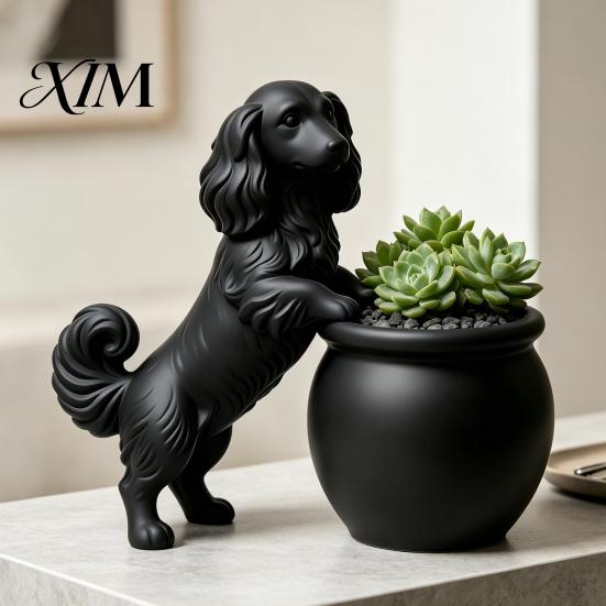 Small Herbaceous Flower Holder 3D Printed Long Haired Dachshund Planter, Cute Dog Flowerpot for Cactus Air Decorative Ceramic Look Pot Plants