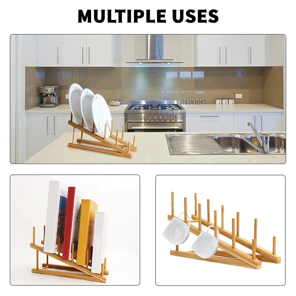 Good-2 PCS Wooden Dish Rack Bamboo Plate Rack Stand Pot Lid Holder, Dish Drying Rack Kitchen Cabinet Organizer For Dish Plate