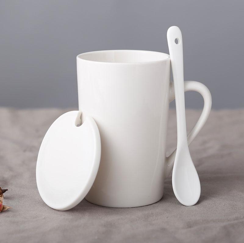 White Household Ceramic Cup Set 350ml Nordic Women New Simple Handle Couple Tea Mugs with Scoop and Lid Solid Office Coffee Cup