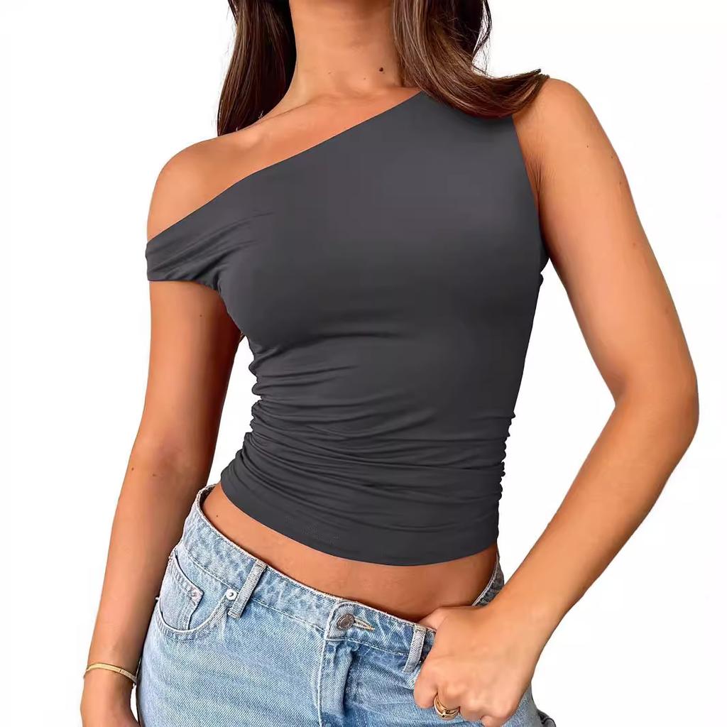 Women's Asymmetric Neck Sleeveless Crop Top Slim Fit Streetwear Ruched Camisole Tank Top