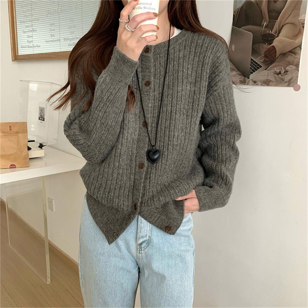 The New Autumn and Winter Style of The Striped Round-neck Sweater Coat Is A Loose and Versatile Short Knitted Cardigan with A Laid-back Vibe for Women
