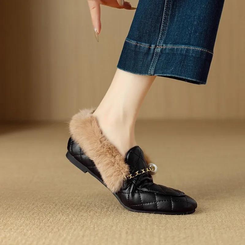 Fashion New Black Brown Autumn Winter Plush Warm Casual Shoes Women's Fashionable and Comfortable Low Heeled Cowhide Warm Cotton Shoes