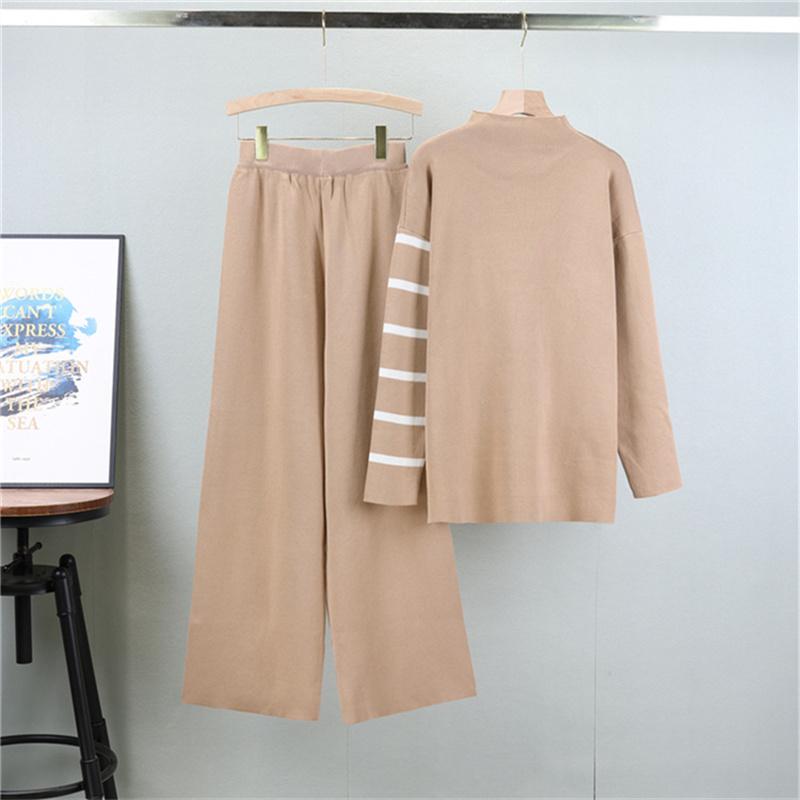 Autumn And Winter Long Sleeved Striped Knitted Suit Women's Loose Half High Neck Wide Leg Pants Sweater Two Piece Set