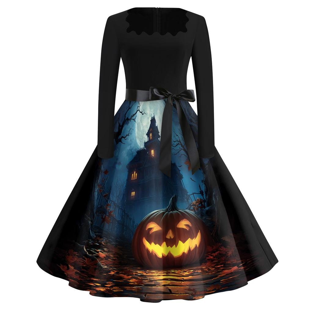 Women's Vintage Square Neck Casual Dress with Halloween Print for Fall Occasions