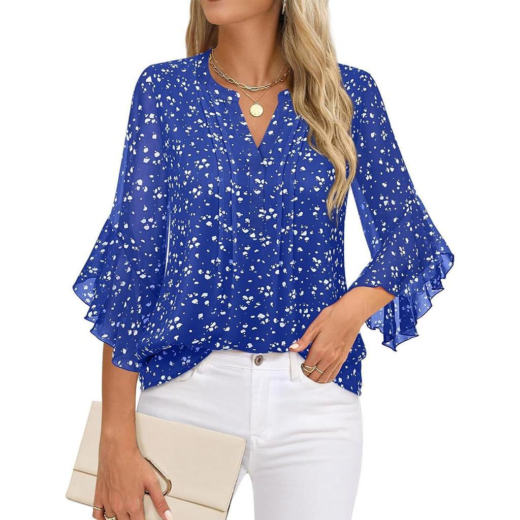 My Garderobe Authorization Damenblusen Chiffon Rüschen Kurzarm V-Ausschnitt Business Casual Tops Sommer süßes Hemd