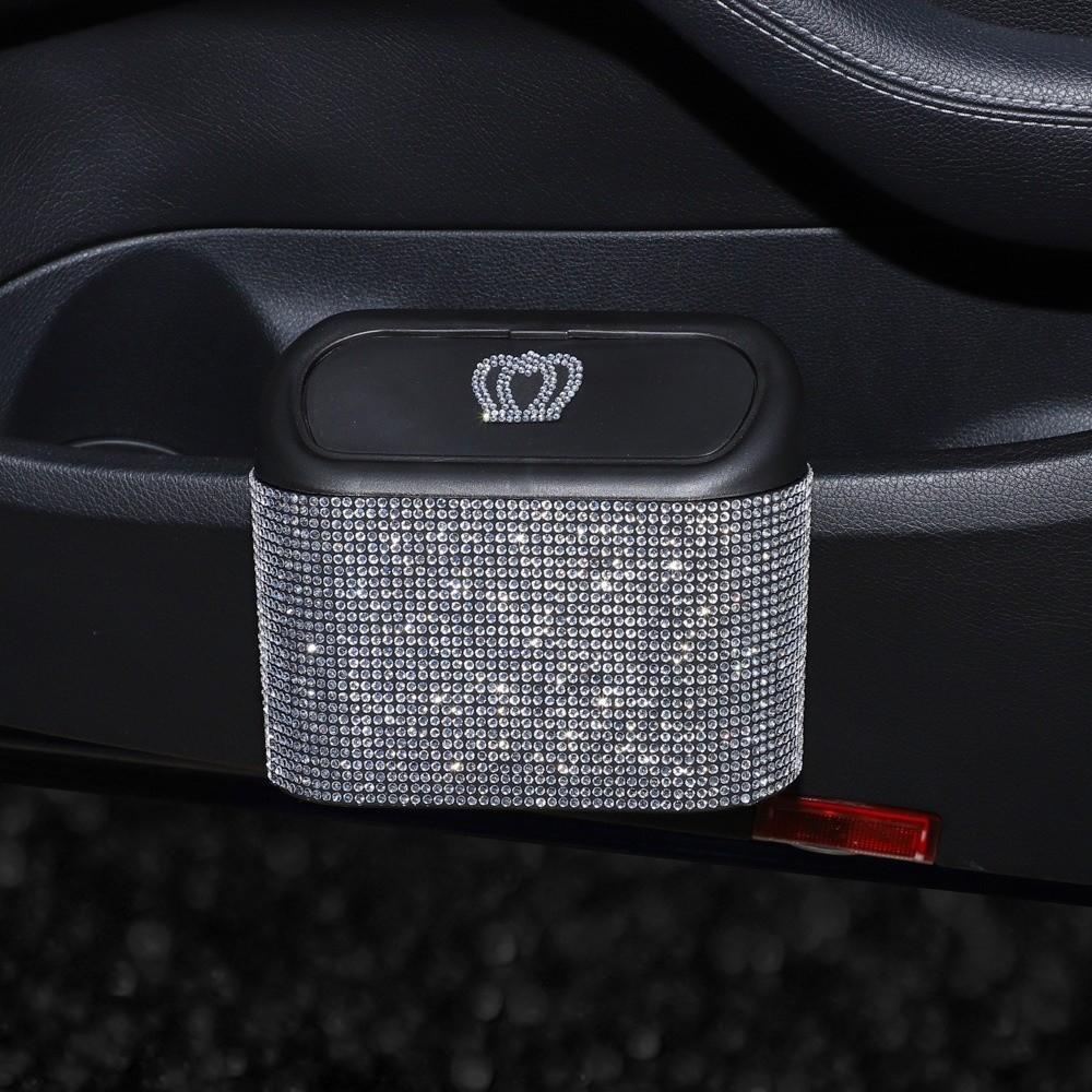 Hanging Car Trash Can Removable Leak-Proof Portable Garbage Bin Decorative Shimmering Rhinestone Car Garbage Organizer Travel