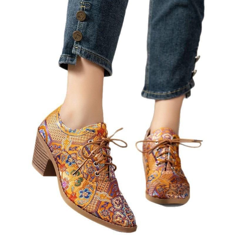 Pointed print high-heeled single shoes women's autumn new lace-up large-size thick-heeled professional single shoes