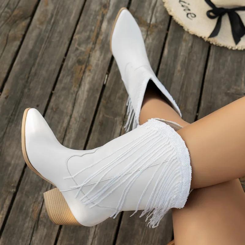 Fashion New Pointed Toe Versatile Block Heel No Knee Mid-Tube Tassel Boots for Women