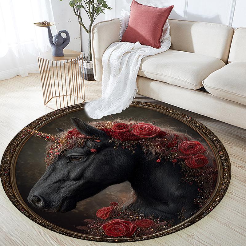 Schwarzes Pferd Runder Teppich, Teppich für Wohnzimmer Schlafzimmer Sofa Spielzimmer Dekor, Rutschfeste Fußmatte
