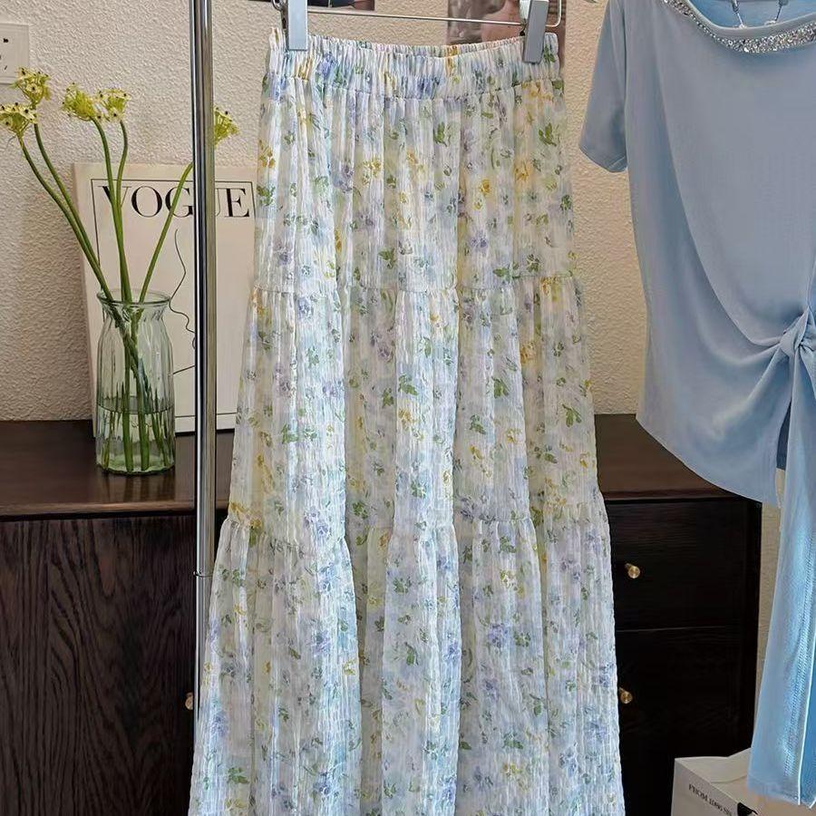 Gentle French Floral Skirt Summer New Small Fresh Long Skirt High Waist Slimming Half Body Skirt A-line Cake Skirt