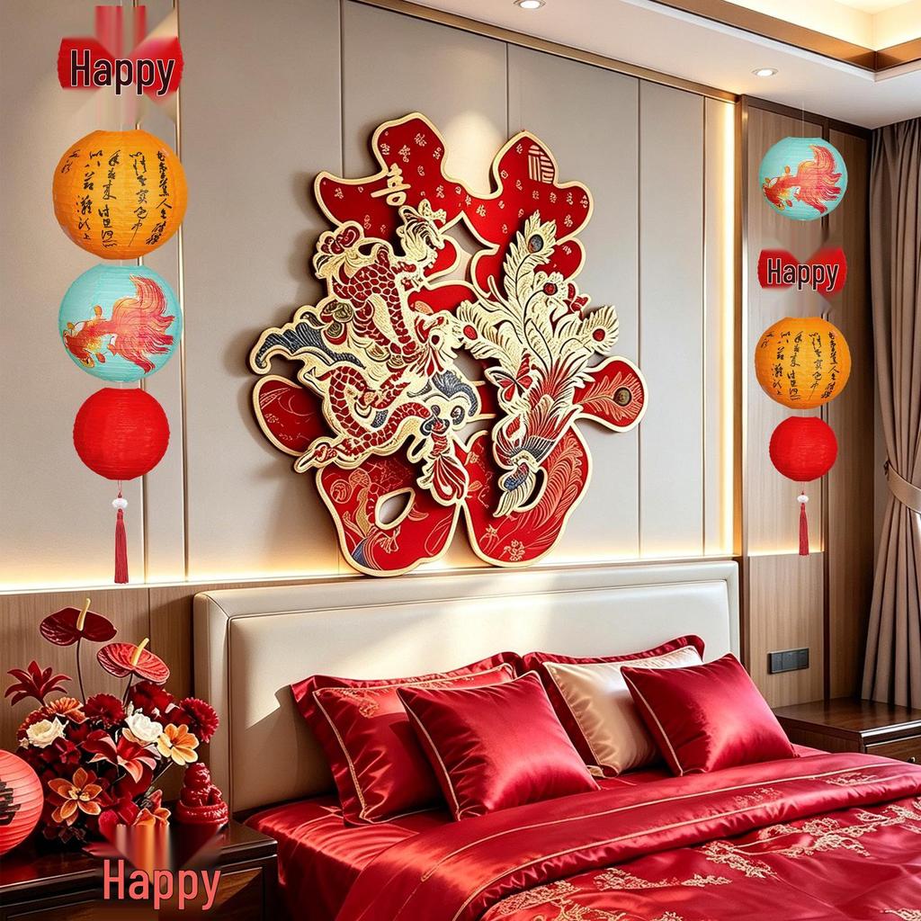3D Dragon and Phoenix 'Xi' Character KT Board for Wedding Room Atmosphere - Living Room, Bedroom, or Bedside Wall Decoration