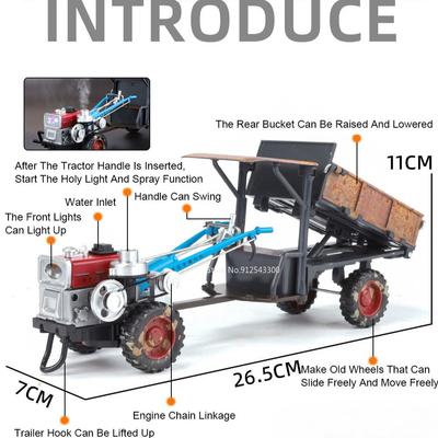 1:24 Hand Held Spray Tractor Model Toy Sound Light Alloy Diecast Rotating Locomotive Head Retro Agricultural Vehicle Child Gifts