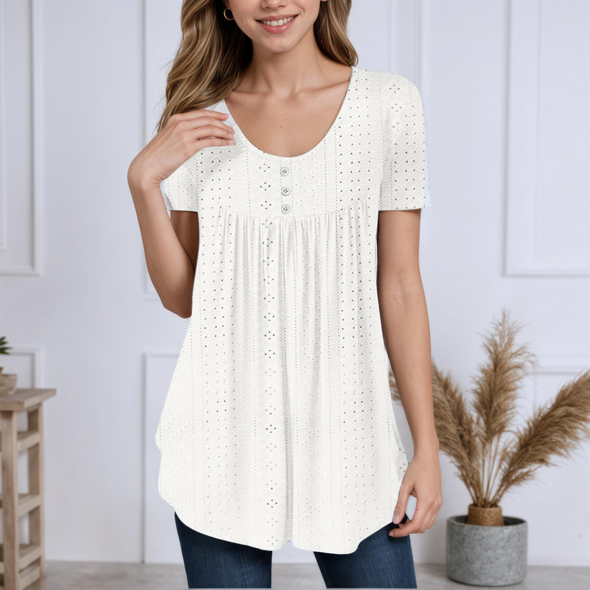 

Летняя однотонная футболка с вырезами 2025: Круглый вырез, короткий рукав, присборенный, свободный крой. Large