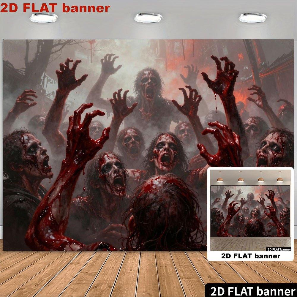 1 piece of 2D Flat Banner - Halloween banner featuring a group of zombies extending their bloody hands