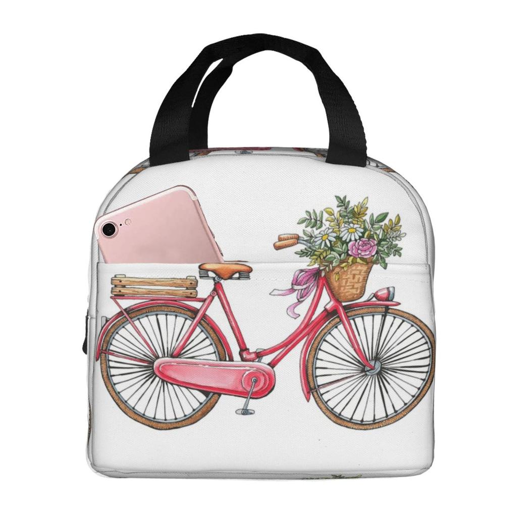 A Vintage Bicycle And Flower Insulated Lunch Bag for Women Kids Leakproof Food Boxes Thermal Lunch Box Tote