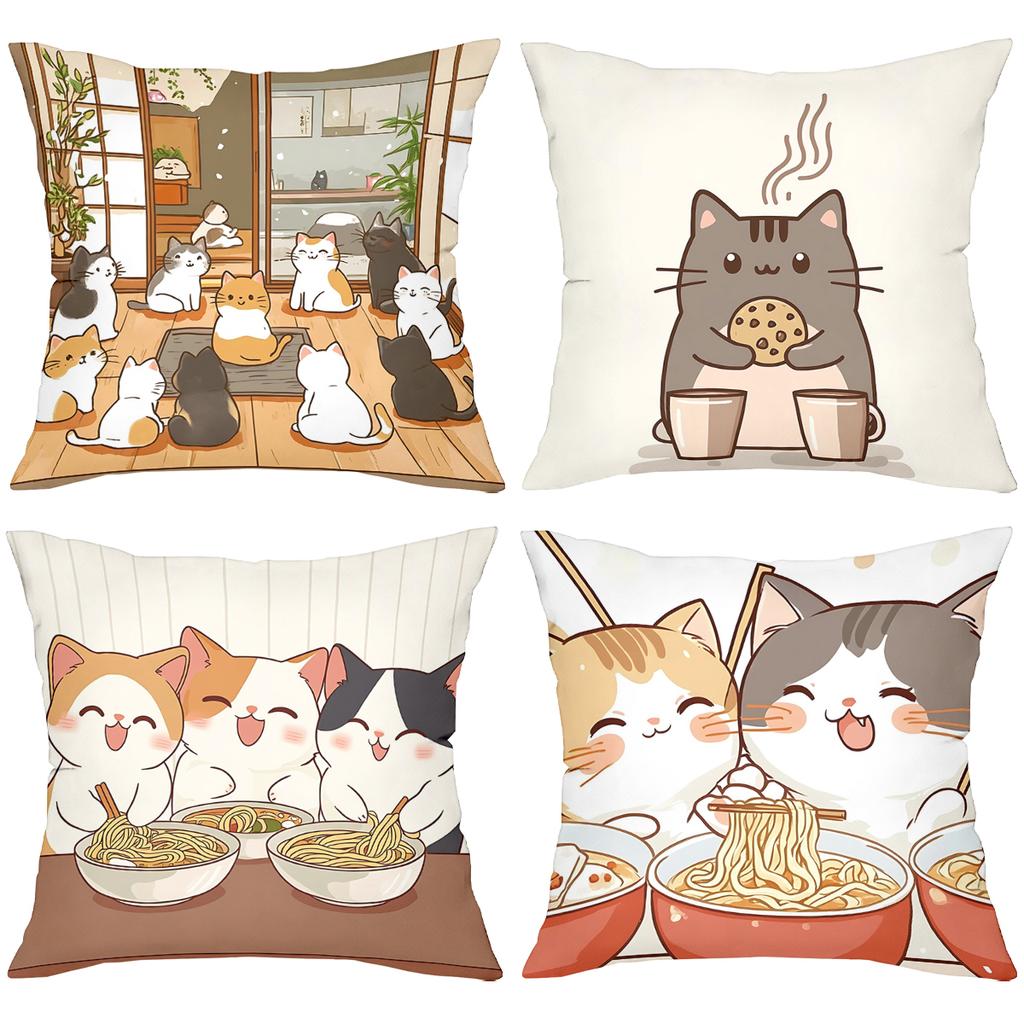 Cute Cat Pillow Covers With Food And Home Scenes Polyester Pillowcase, Sofa Decorative Cushion Cov Headboard Pillow