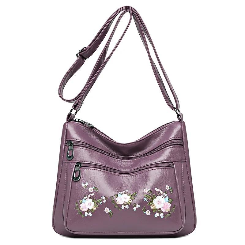 Fashion PU Leather Luxury Multi-pocket Handbags High Quality Women's Bag Flower Embroidery Design Ladies Crossbody Shoulder Bags