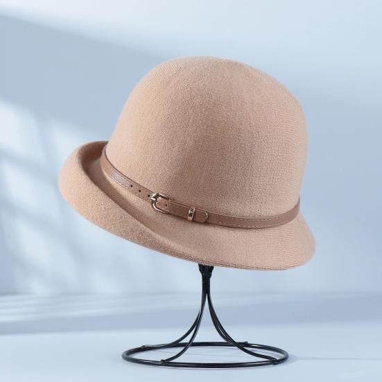 Basin Hat British Style Woolen Casual Hat with Rolled Brim Faux Leather Strap Women Autumn Winter Urban Hat