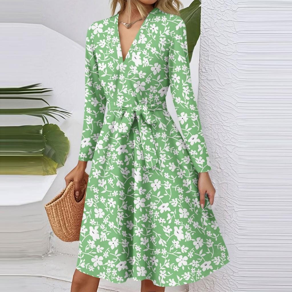 Women's Fashion Casual V-Neck Long Sleeve Waist Floral Print Midi Dress