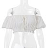 Women's White Off-Shoulder Crop Top - Ruffled Puff Sleeves Elastic Waist