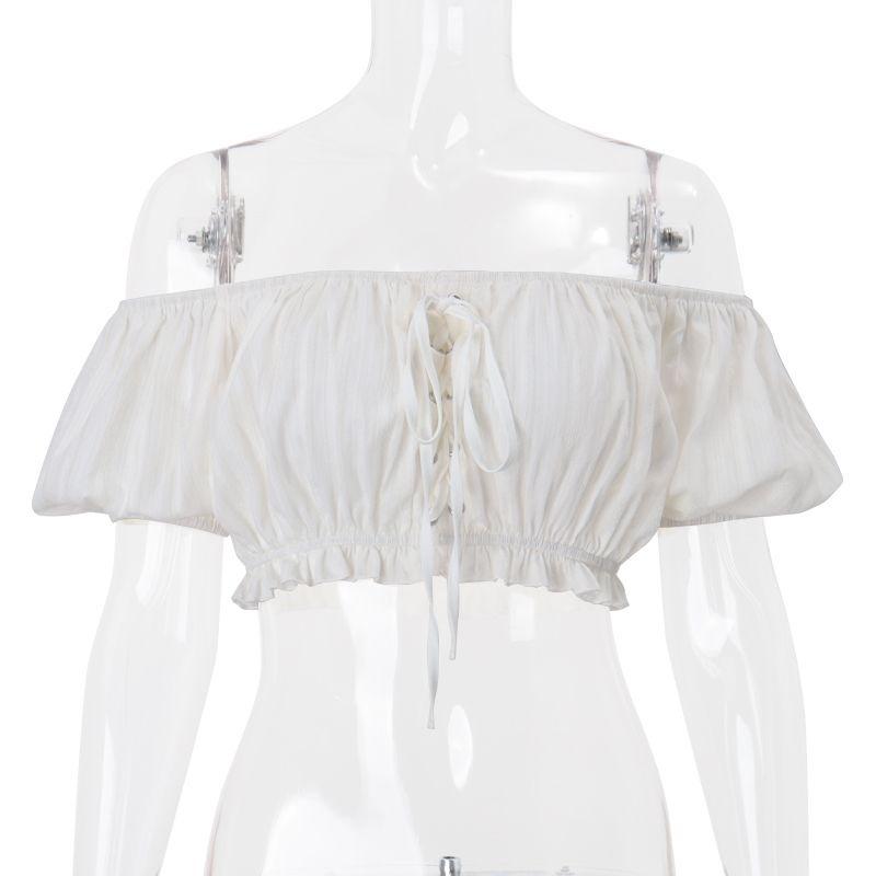 Women's White Off-Shoulder Crop Top - Ruffled Puff Sleeves Elastic Waist