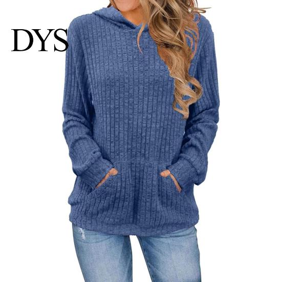 Warm Long-sleeve Sweater Women Knitted Hooded Long Sleeve Loose Fit Ribbed Knitting Pullover Tops with Pockets Casual Solid Color Autumn Knitwear