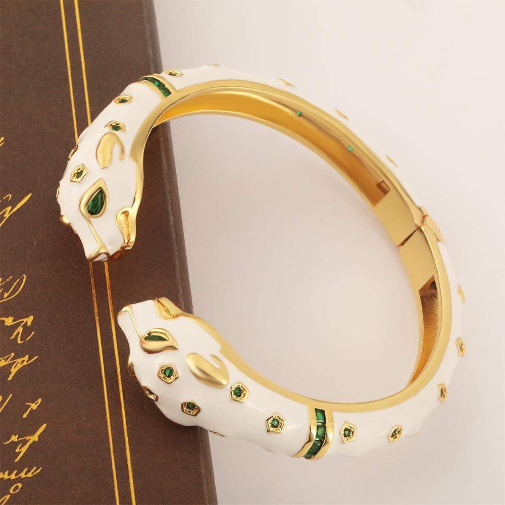 New Oil Dripping Green Diamond Animal Double-headed Leopard Buckle Bracelet One Size(18CM~21CM)