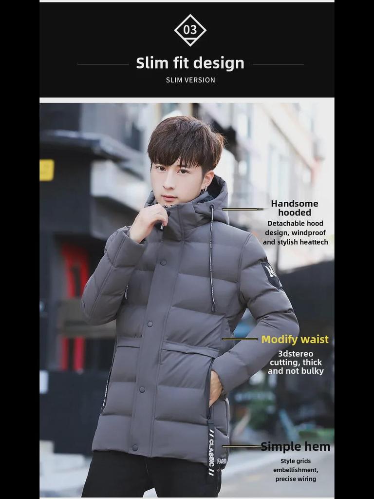 618 Men's Mid-Length Hooded Winter Jacket - Warm, Thick Plush Cotton-Padded with Ribbed M-Shaped Design