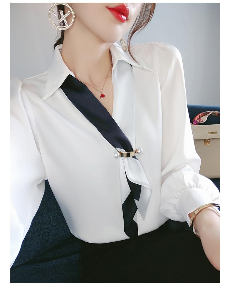 Fairy Stone Long Sleeve Chiffon Blouse with Ribbon and Solid Casual and Size Women's V-Neck, Color, Formal, B-53 (L, White)