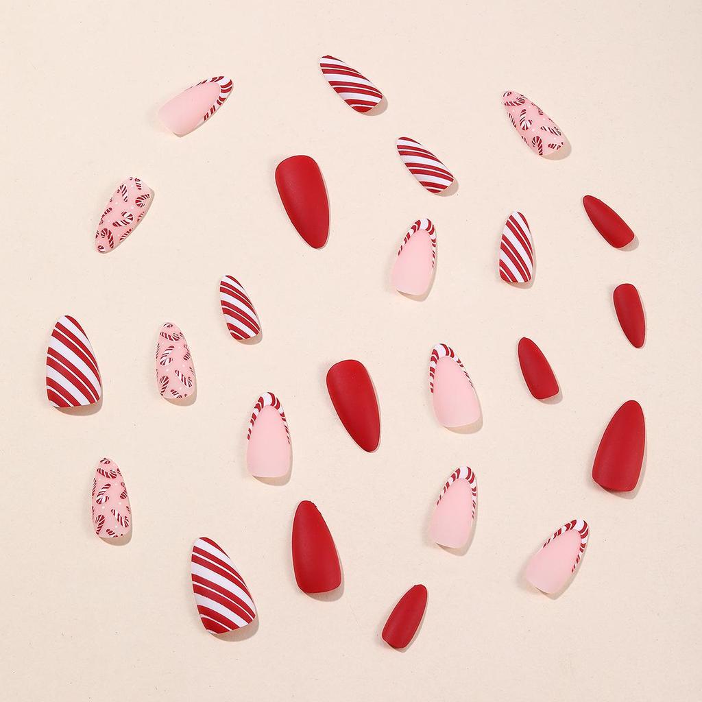 Red & White Polka Dot Almond-Shaped French Tip Matte Press-On Nails for Christmas