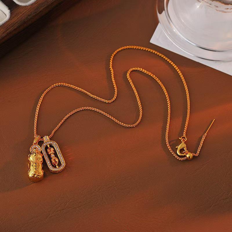 Gold-Plated Necklace: Strong Color Preservation, Pixiu Vajra Design, Diamond Pendant, Stackable Luxury Clavicle Chain, Wei Xue-Inspired Style