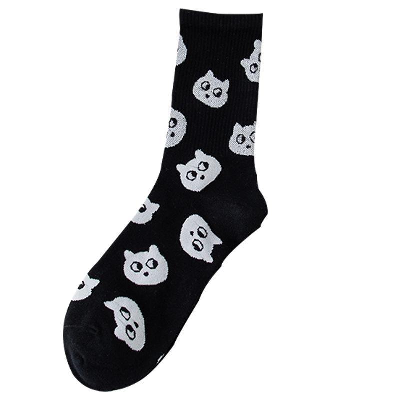 Dámské černo-bílé bavlněné ponožky se střední trubicí – trendy japonský vyšívaný podzimní/zimní styl