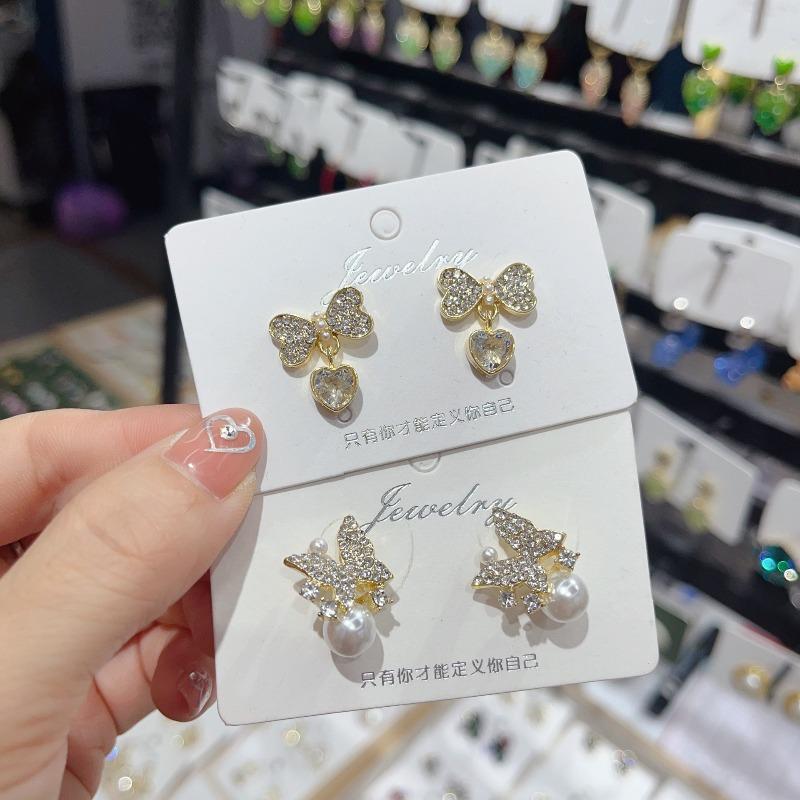 Romantic Rhinestones Heart Dangle Earrings for Women Sweet Crystal Bow Knot Drop Earrings Wedding Party Cute Elegant Jewelry