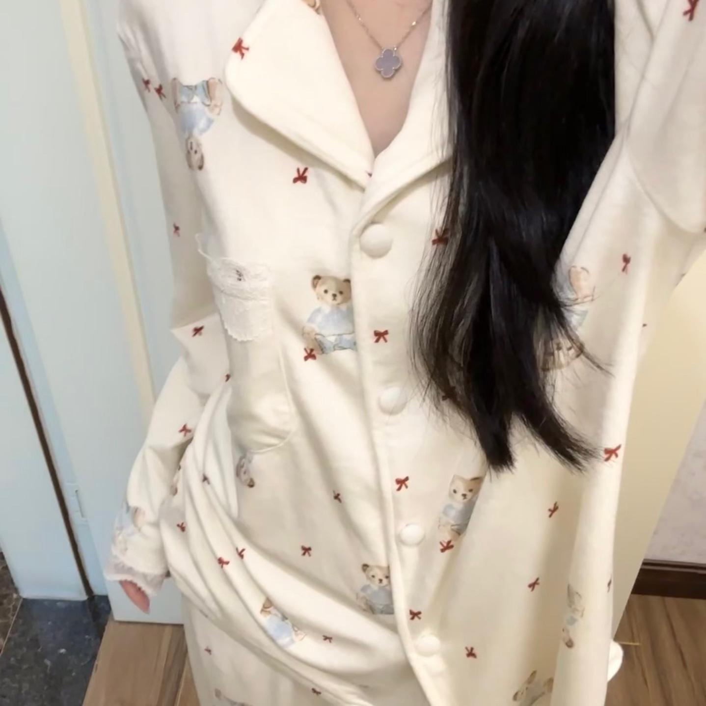 

Women s French-Style Teddy Bear Pajamas - Cute Autumn/Winter Loungewear Set L білий