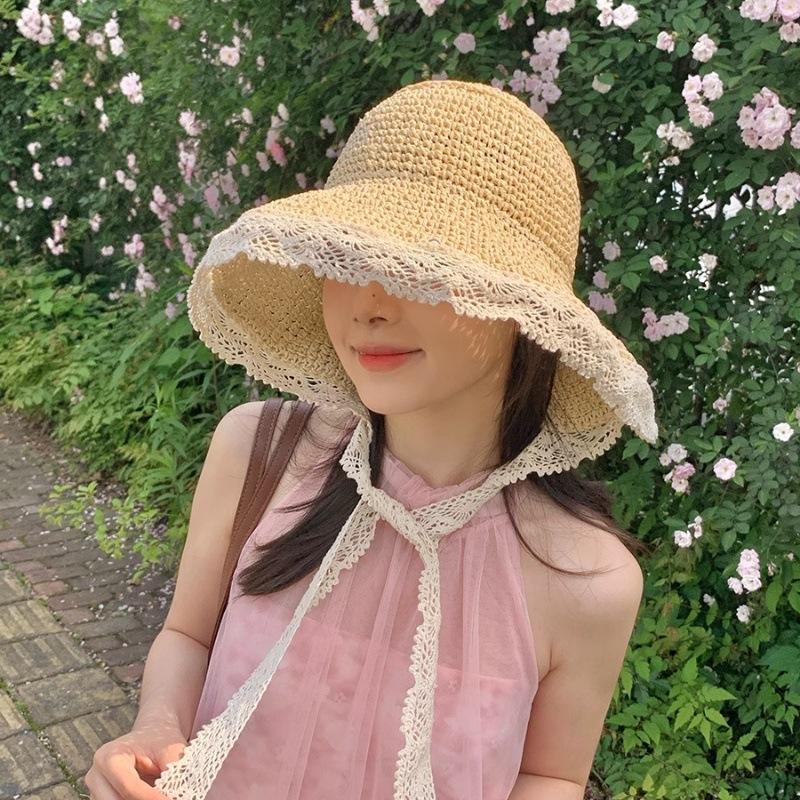 

French Lace Lace Sunshade Straw Hat For Women In Summer, With A Large Brim And A Floating Fisherman Hat, Foldable Beach Sun Hat бежевий