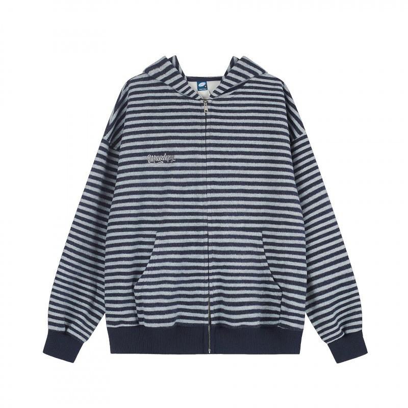 Unisex Retro Striped Hooded Zip-Up Sweatshirt Casual Oversized Pullover Streetwear