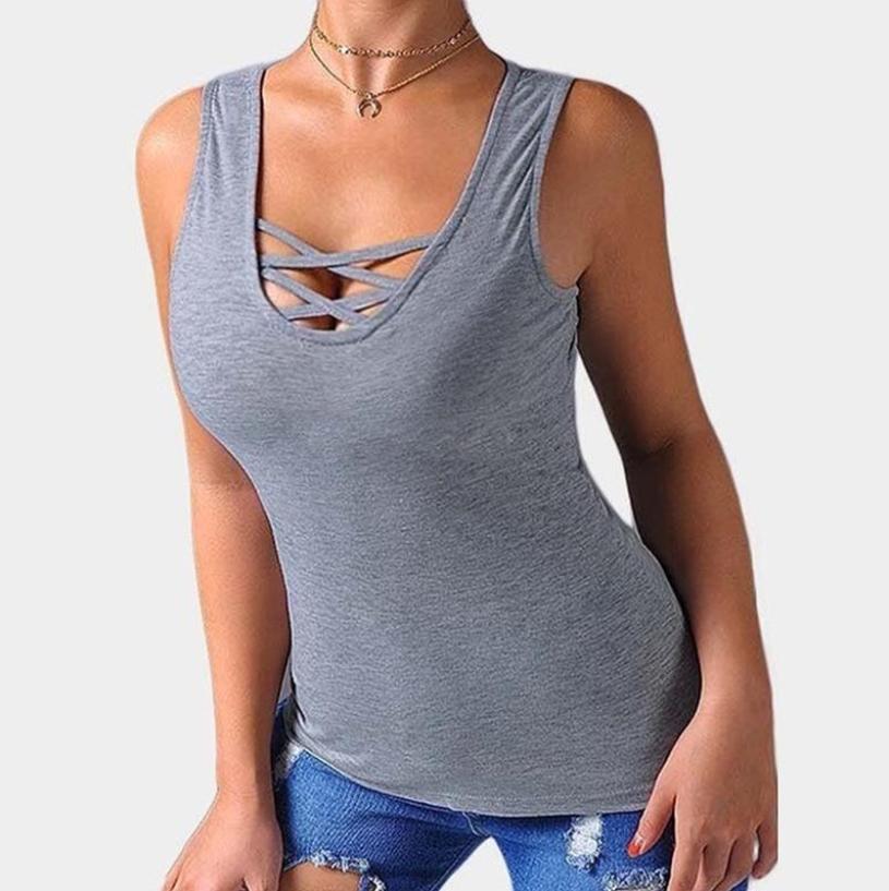 Women Fashion Cross Sleeveless Loose Tops Solid Tank Plus Size
