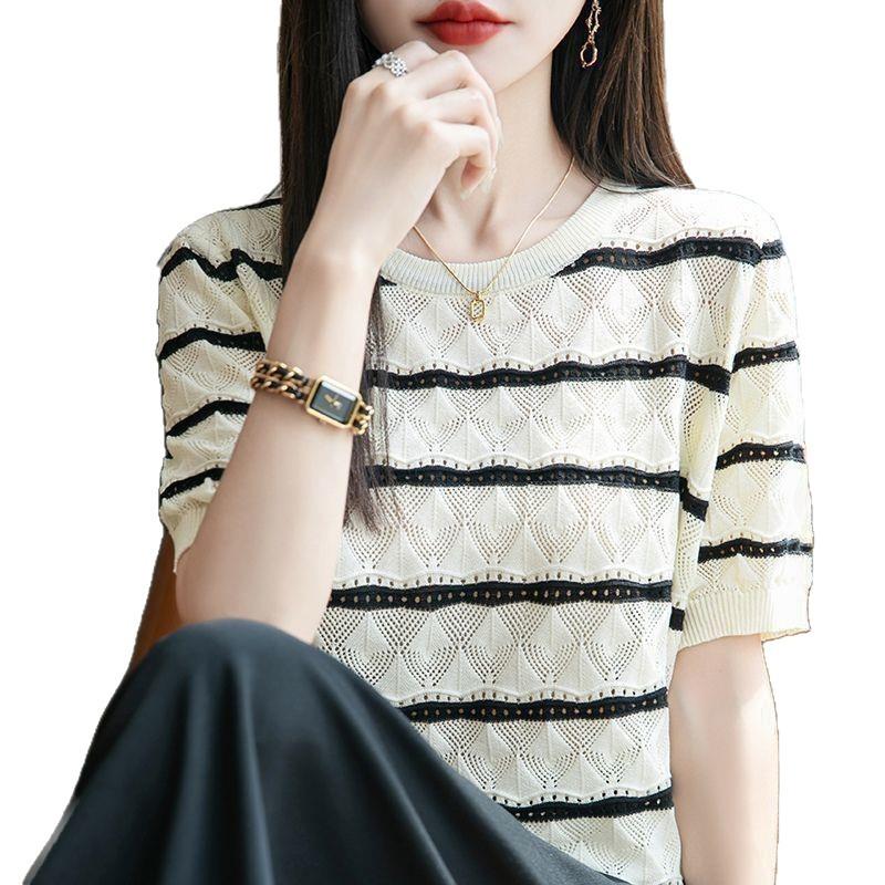 Summer Women's Knitted Short Sleeve T-shirt Round Neck Hollow T-shirt Loose Knitted Shirt Top