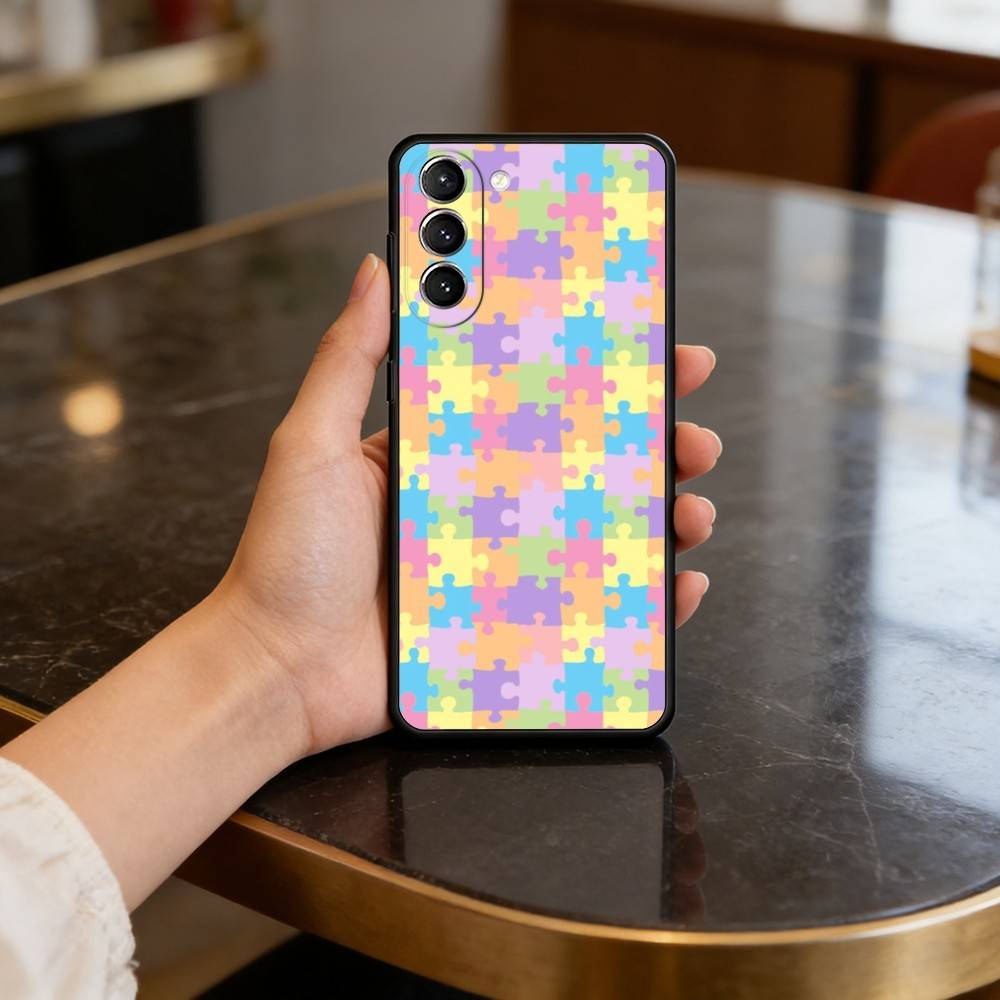 Autism Support Puzzle Pattern Phone Case For Samsung S25,24,23,22,30,21,10,9,Ultra,Plus,Lite,FE,4,5 G Soft Black Case
