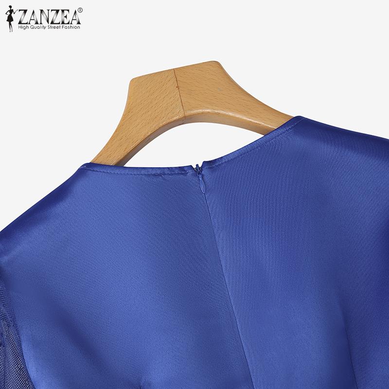 ZANZEA Kobiety Casual Koronkowa Rękaw 3/4 Letnia Sukienka Ołówkowa Patchworkowa