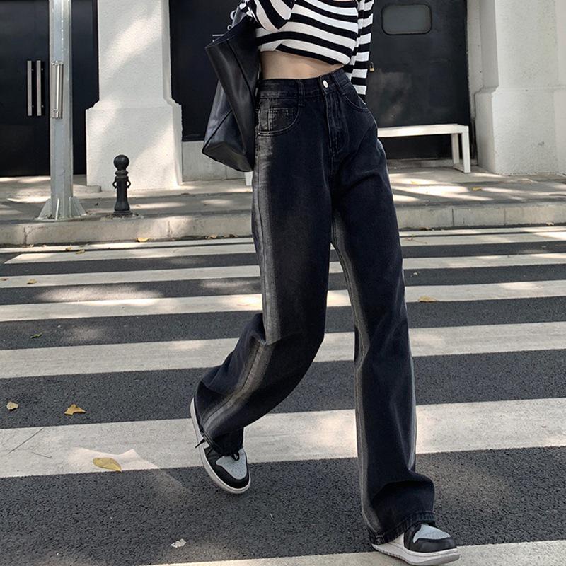Women's Black High-Waist Straight Wide-Leg Jeans - Spring/Summer 2022 Trendy Versatile Loose Fit