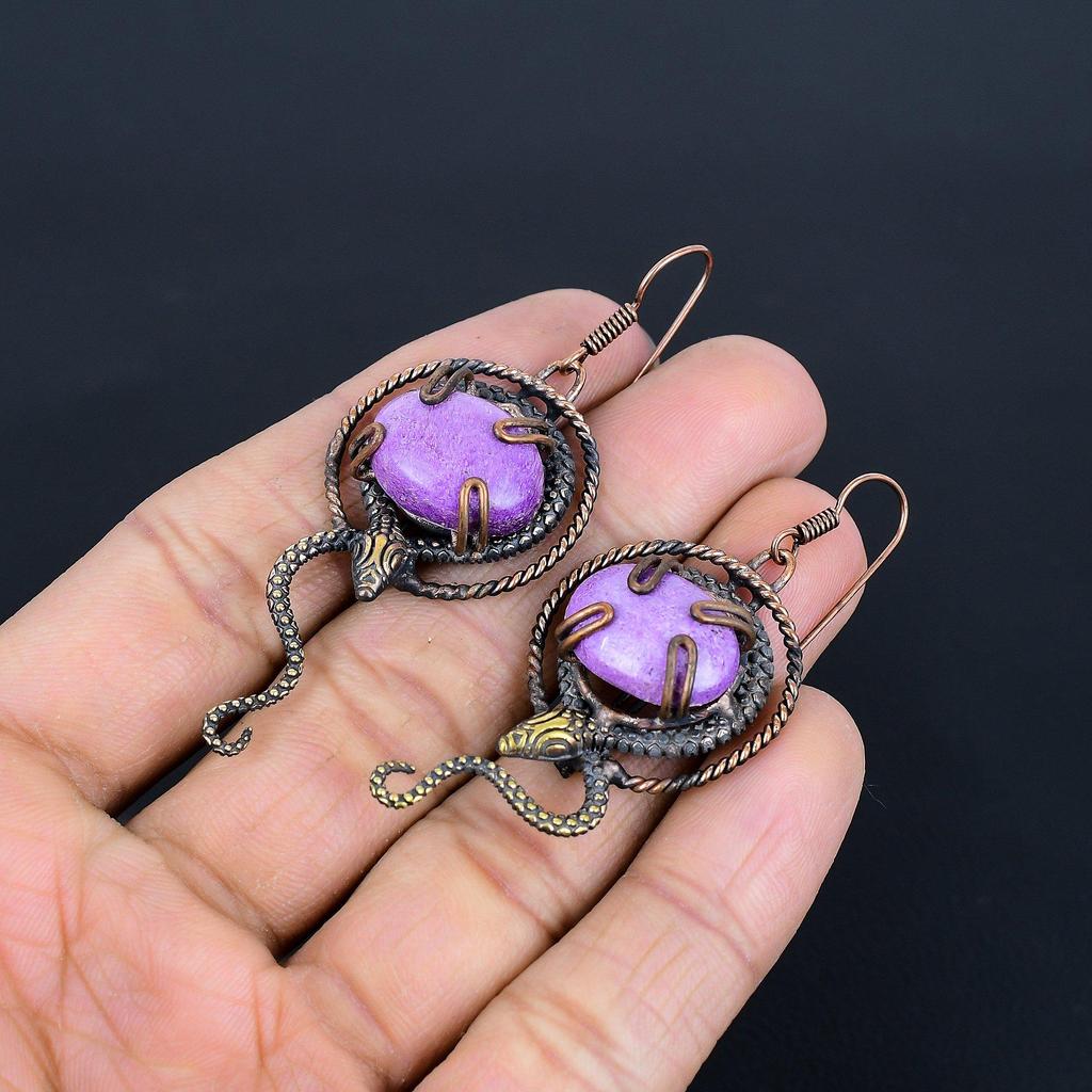 Purpurite 999 Copper Wire Wrapped Earrings, Handmade Gemstone Jewelry Earrings For Memorial Day