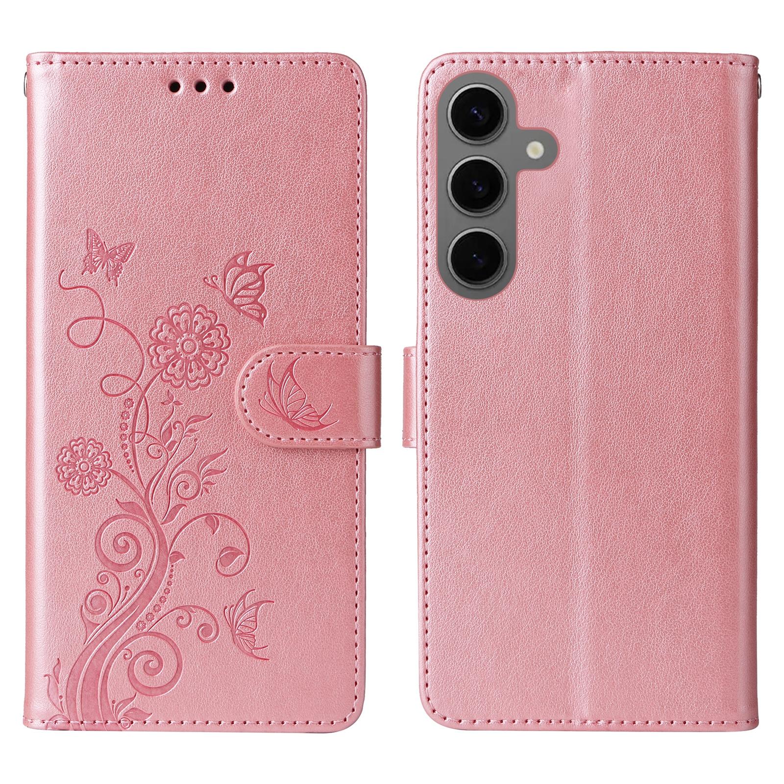 

For Samsung Galaxy S25 Leather Case Butterfly Floral Imprint Wallet Stand Cover Pink