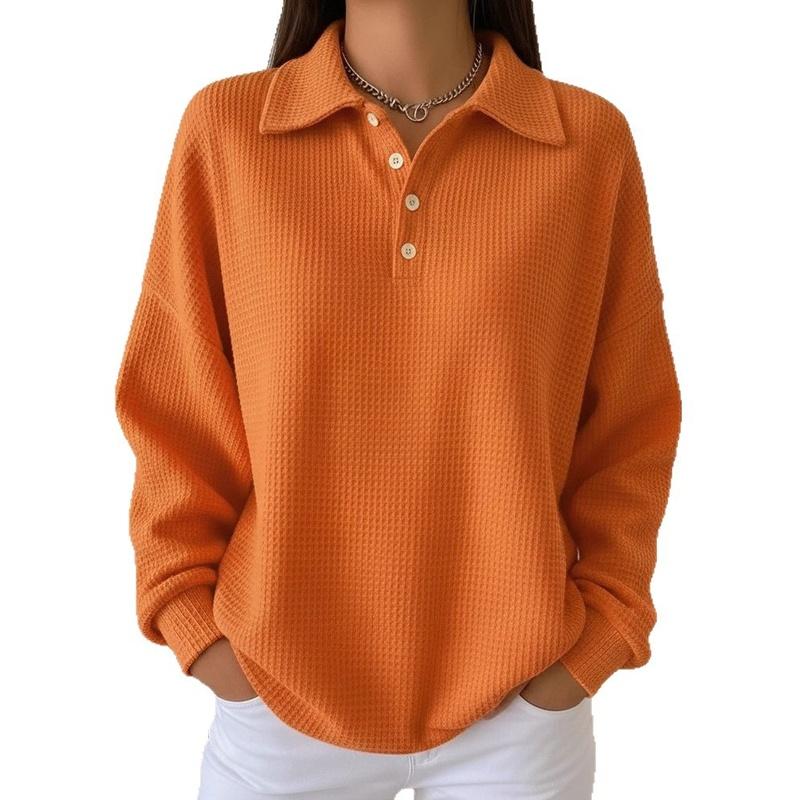 Women's Polo Collar Waffle Knit Long Sleeve Top Loose Fit Casual Pullover