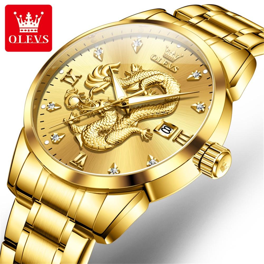 OLEVS Mens Watches Top Brand Luxury China Loong Dragon Dial Gold Quartz Watch for Men Waterproof Luminous Date Fashion Wacth Men