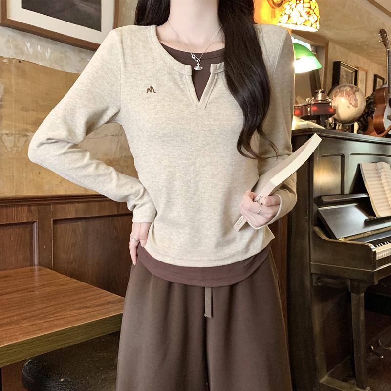 Spring 2026 Women s Slim-Fit Irregular Tummy-Covering Color-Blocked Faux Two-Piece Long-Sleeve Shirt L абрикосовый
